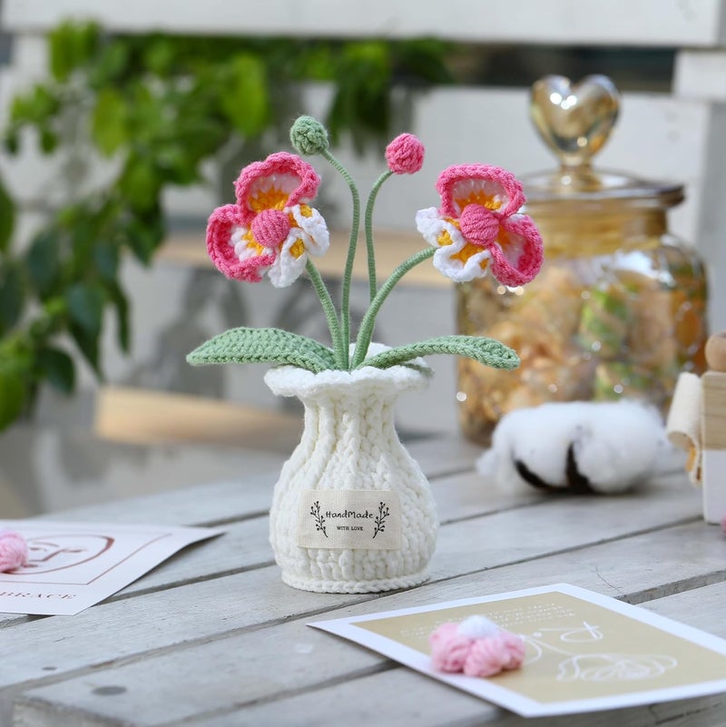 YOOJEE Crochet Flower Pot Orchid Pink Valentines Day Crochet Gift for Him Her Boyfriend Girlfriend Women Sister Mom Teacher Couples Wife Husband Friends Coworker Handmade Knitted Plant Cute Desk Decor - Image 2